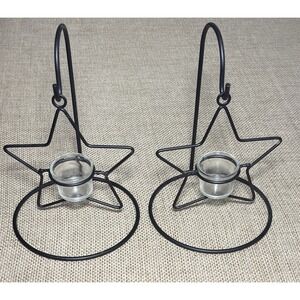 Wrought Iron STAR Hanging Candle Holder Set Celestial Primitive Rustic Decor